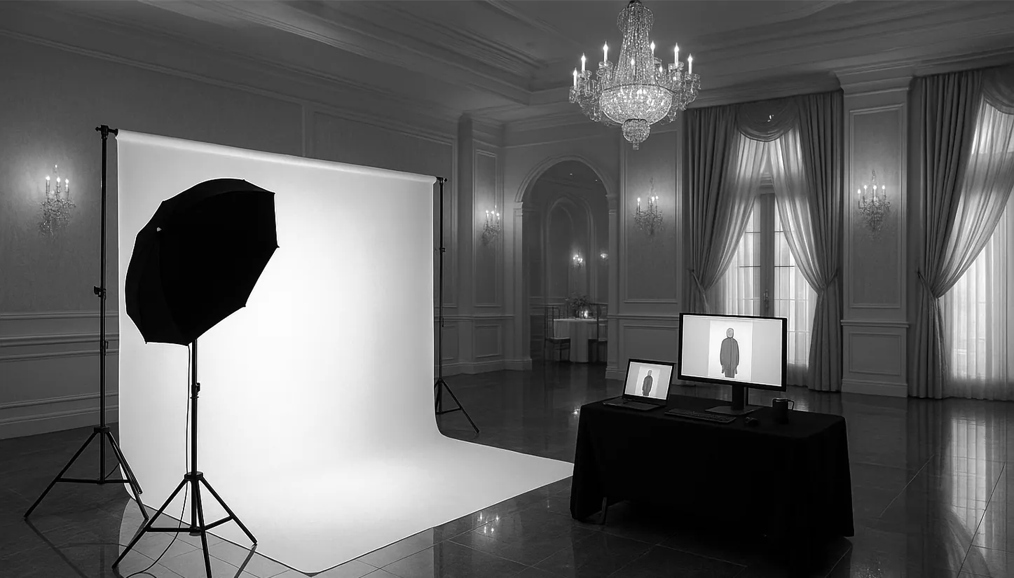 Black & White Studio Station u svečanoj dvorani: bijela pozadina, rasvjeta i stol s ekranom i printerom